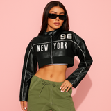 Fashionable Letter Printed PU Leather Jacket For Women