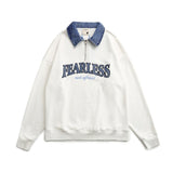American Retro Half Zipper Denim Lapel Pullover Sweater - oryass.com