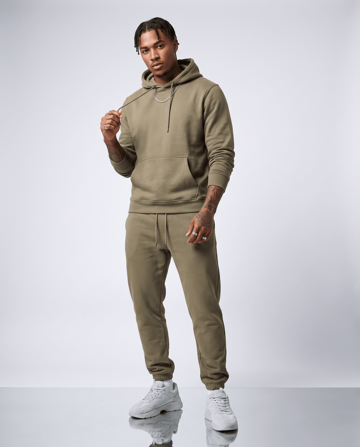 Ensemble fleece Jab Oryass, sweat à capuche et jogging, coloris kaki