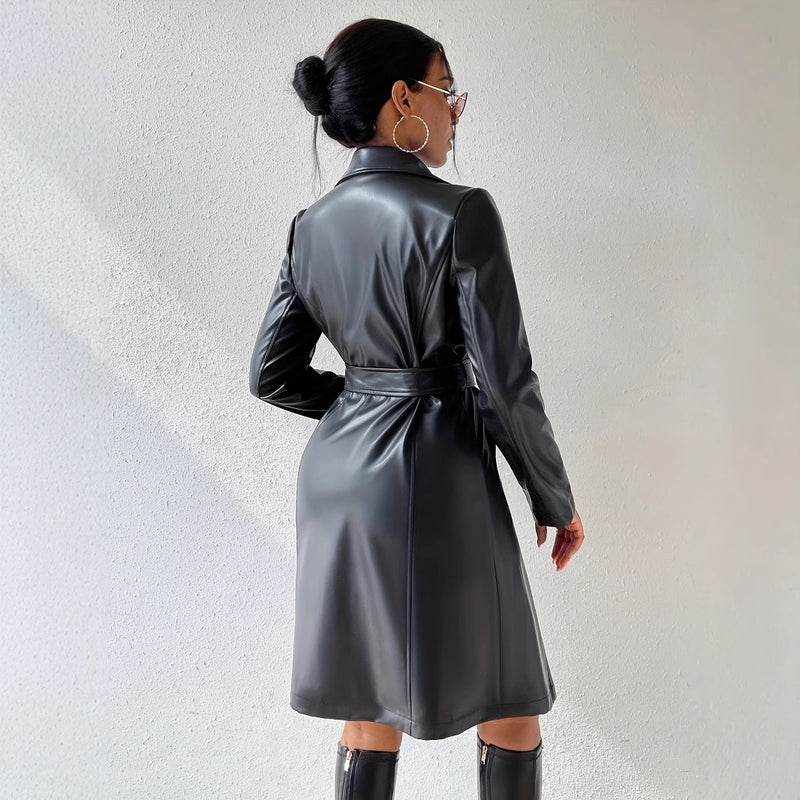 PU Long Sleeve Women's Slim Fit Long Trench Coat