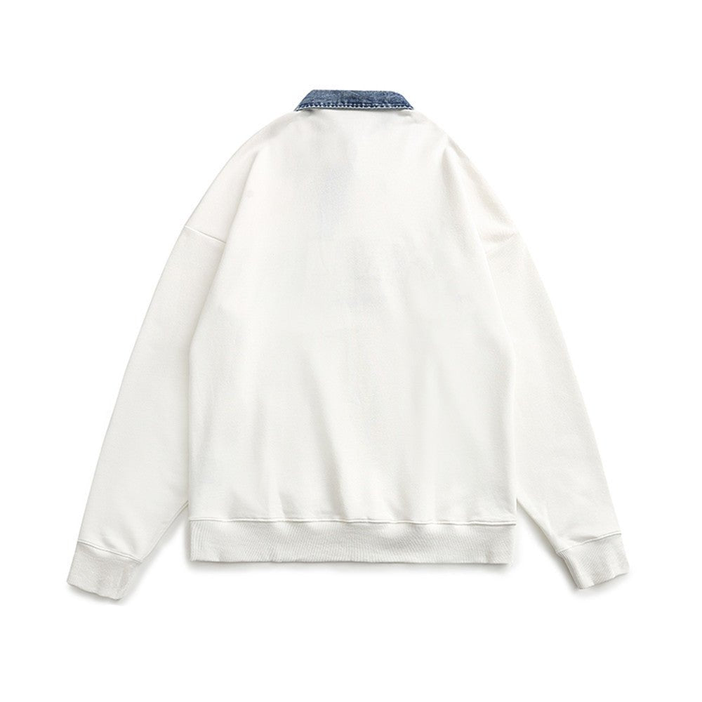 American Retro Half Zipper Denim Lapel Pullover Sweater - oryass.com