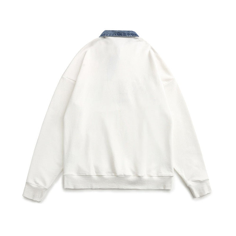 American Retro Half Zipper Denim Lapel Pullover Sweater - oryass.com