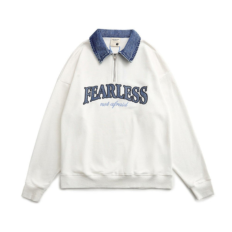 American Retro Half Zipper Denim Lapel Pullover Sweater - oryass.com