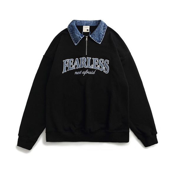 American Retro Half Zipper Denim Lapel Pullover Sweater - oryass.com