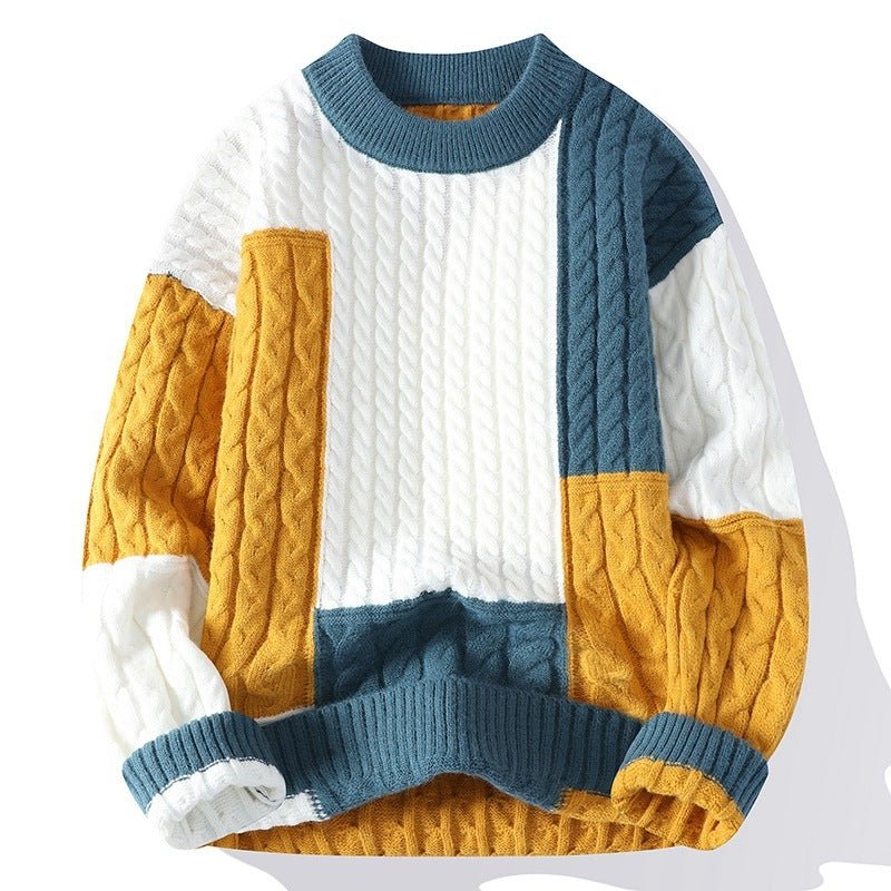 Men's Crew Neck Pullover Sweater Color Contrast Patchwork - oryass.com